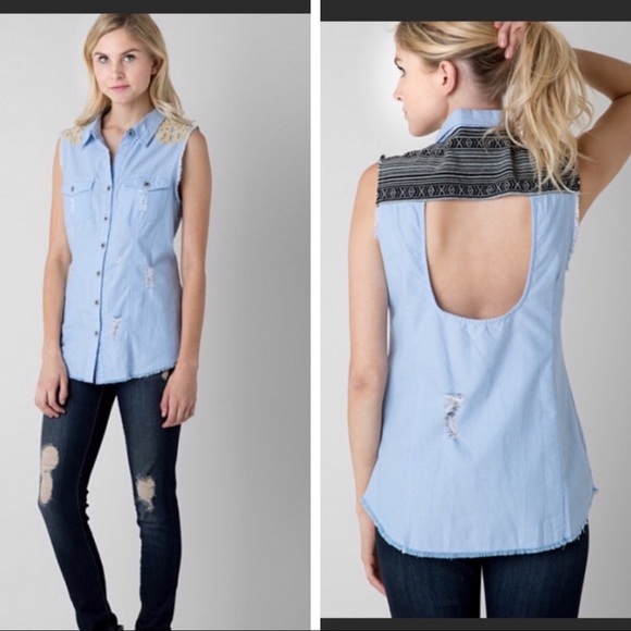 GIMMICKS FRAYED CHAMBRAY SHIRT - Picture 2 of 10